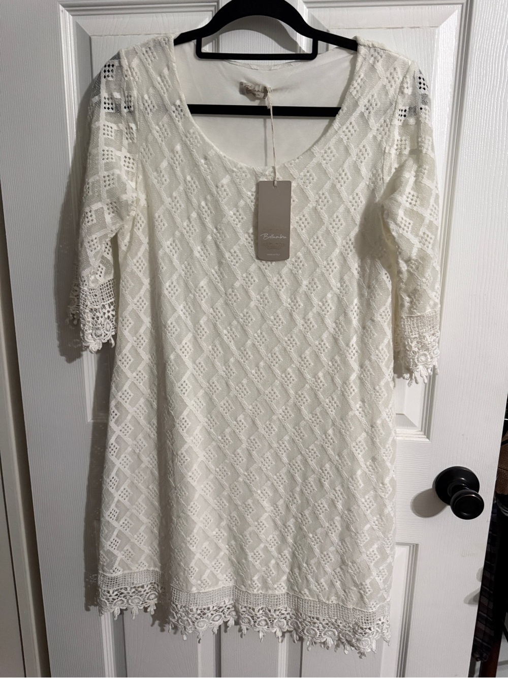 Bellambra Italy NWT White Diamond Lace Shift Dress Crochet Hem Boho